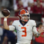 
              Illinois quarterback Tommy DeVito throws during the first half of the team's NCAA college football game against Indiana, Friday, Sept. 2, 2022, in Bloomington, Ind. (AP Photo/Darron Cummings)
            