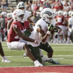 
              Colorado State wide receiver Justus Ross-Simmons, right, secures a pass to score a touchdown while defended by Washington State defensive back Cam Lampkin during the second half of an NCAA college football game, Saturday, Sept. 17, 2022, in Pullman, Wash. Washington State won 38-7. (AP Photo/Young Kwak)
            