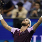 
              Karen Khachanov, of Russia, celebrates after defeating Nick Kyrgios, of Australia, during the quarterfinals of the U.S. Open tennis championships, Wednesday, Sept. 7, 2022, in New York. (AP Photo/Charles Krupa)
            