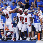 
              Miami (Ohio) running back Tyre Shelton (9) celebrates with teammates after scoring a touchdown during the first half of the team's NCAA college football game against Kentucky in Lexington, Ky., Saturday, Sept. 3, 2022. (AP Photo/Michael Clubb)
            