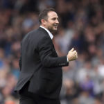 
              Everton manager Frank Lampard celebrate his side's 1-0 win after the final whistle of the English Premier League soccer  match between Everton and West Ham, at Goodison Park, Liverpool, England, Sunday Sept. 18, 2022. (Isaac Parkin/PA via AP)
            