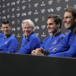 
              From left, Britain's Andy Murray, Serbia's Novak Djokovic, Captain Björn Borg, Switzerland's Roger Federer and Spain's Rafael Nadal attend a press conference ahead of the Laver Cup tennis tournament at the O2 in London, Thursday, Sept. 22, 2022. (AP Photo/Kin Cheung)
            