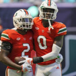 
              Miami cornerback Tyrique Stevenson (2) and safety James Williams (0) celebrate after Stevenson intercepted the ball for a touchback during the second half of an NCAA college football game against Southern Miss, Saturday, Sept. 10, 2022, in Miami Gardens, Fla. (AP Photo/Wilfredo Lee)
            