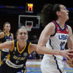 
              United States' Breanna Stewart runs past Bosnia and Herzegovina's Milica Deura to shoot during their game at the women's Basketball World Cup in Sydney, Australia, Tuesday, Sept. 27, 2022. (AP Photo/Mark Baker)
            