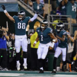 
              Philadelphia Eagles quarterback Jalen Hurts (1) celebrates with teammates after scoring on a 26-yard touchdown run during the first half of an NFL football game against the Minnesota Vikings, Monday, Sept. 19, 2022, in Philadelphia. (AP Photo/Matt Slocum)
            