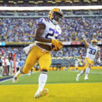
              LSU linebacker Micah Baskerville scores on a pass interception against Southern University during an NCAA college football game Saturday, Sept. 10, 2022, in Baton Rouge, La. (Scott Clause/The Daily Advertiser via AP)
            