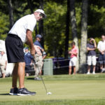 
              Phil Mickelson wears shorts on the practice putting green before the second round of the LIV Golf Invitational-Boston tournament, Saturday, Sept. 3, 2022, in Bolton, Mass. (AP Photo/Mary Schwalm)
            