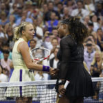 
              Serena Williams, right, of the United States, shakes hands with Anett Kontaveit, of Estonia, during the second round of the U.S. Open tennis championships, Wednesday, Aug. 31, 2022, in New York. (AP Photo/John Minchillo)
            