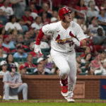 
              St. Louis Cardinals' Nolan Gorman watches his RBI double during the fourth inning of a baseball game against the Washington Nationals Tuesday, Sept. 6, 2022, in St. Louis. (AP Photo/Jeff Roberson)
            
