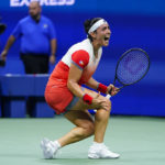
              Ons Jabeur, of Tunisia, reacts after defeating Caroline Garcia, of France, during the semifinals of the U.S. Open tennis championships, Thursday, Sept. 8, 2022, in New York. (AP Photo/Frank Franklin II)
            