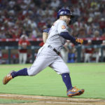 
              Houston Astros second baseman Jose Altuve rounds first after hitting for a double during the eighth inning of a baseball game against the Los Angeles Angels Saturday, Sept. 3, 2022, in Anaheim, Calif. The Angles won 2-1. (AP Photo/Raul Romero Jr.)
            