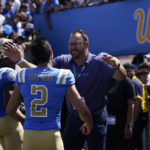 
              UCLA place kicker Nicholas Barr-Mira (2) celebrates after Barr-Mira kicked a field goal to win an NCAA college football game against South Alabama in Pasadena, Calif., Saturday, Sept. 17, 2022. UCLA won 32-31. (AP Photo/Ashley Landis)
            