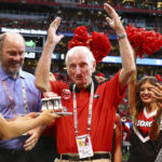 
              Former Georgia head coach Vince Dooley celebrates his 90 birthday while fans sing "Happy Birthday" during a. ceremony before kickoff against Oregon in an NCAA college football game Saturday, Sept. 3, 2022, in Atlanta. (Curtis Compton/Atlanta Journal-Constitution via AP)
            