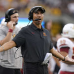 
              Iowa State head coach Matt Campbell reacts to a call during the first half of an NCAA college football game against Iowa, Saturday, Sept. 10, 2022, in Iowa City, Iowa. (AP Photo/Charlie Neibergall)
            