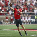 
              Texas Tech's Tyler Shough (12) passes the ball during the first half of an NCAA college football game against Murray State, Saturday, Sept. 3, 2022, in Lubbock, Texas. (AP Photo/Brad Tollefson)
            