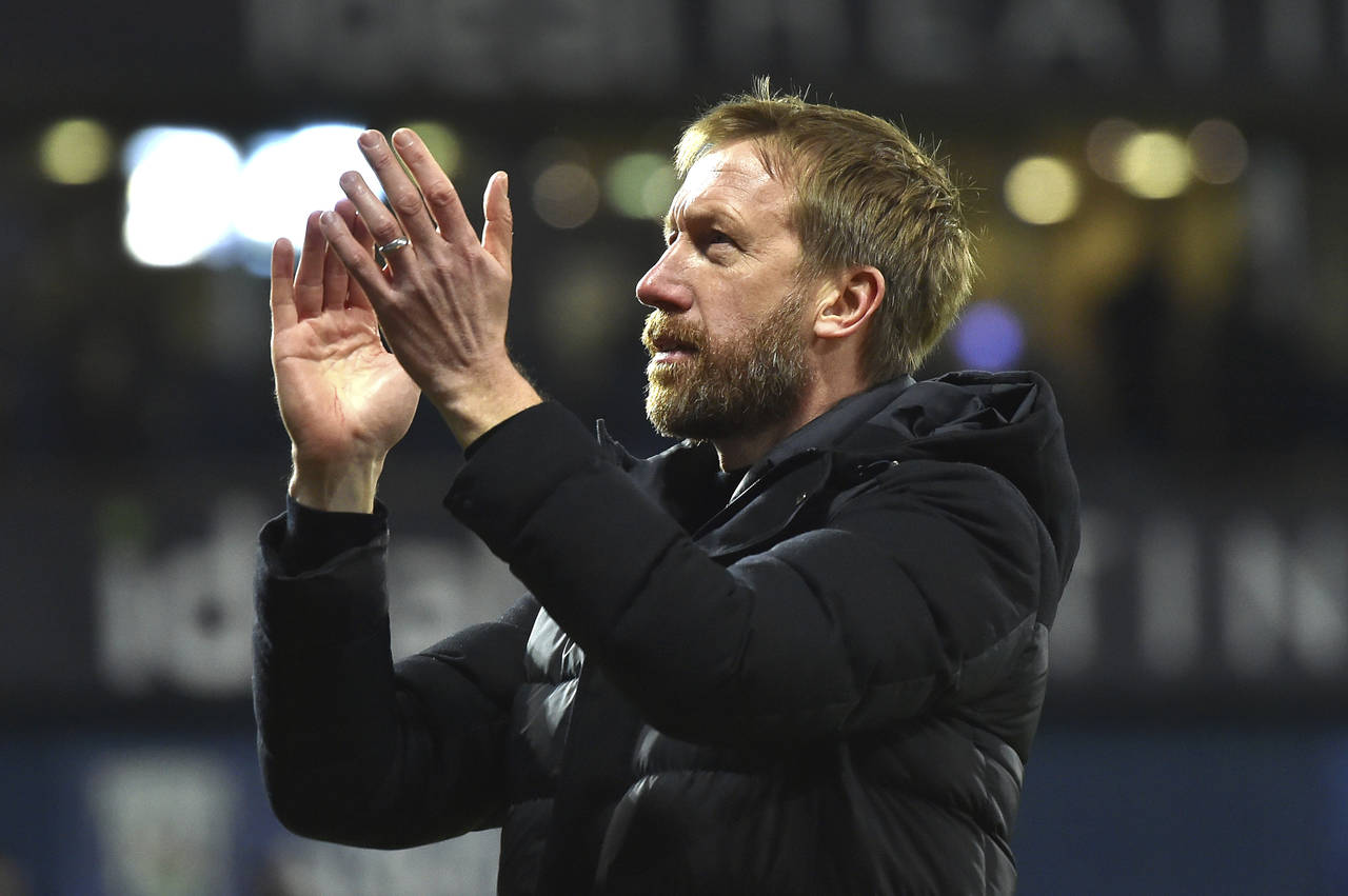 FILE - Brighton's head coach Graham Potter during the English FA Cup third round soccer match betwe...