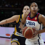 
              United States' Alyssa Thomas prepares to shoot as Bosnia and Herzegovina's Milica Deura watches during their game at the women's Basketball World Cup in Sydney, Australia, Tuesday, Sept. 27, 2022. (AP Photo/Mark Baker)
            