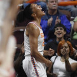 
              Connecticut Sun forward Alyssa Thomas reacts after being fouled while making a basket during Game 4 of the team's WNBA basketball playoff semifinal against the Chicago Sky, Tuesday, Sept. 6, 2022, in Uncasville, Conn. (AP Photo/Jessica Hill)
            