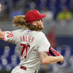 
              Philadelphia Phillies starting pitcher Bailey Falter throws during the first inning of a baseball game against the Miami Marlins, Tuesday, Sept. 13, 2022, in Miami. (AP Photo/Lynne Sladky)
            