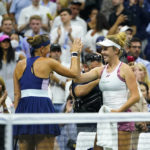 
              Lucie Hradecká, left, and Linda Nosková, of the Czech Republic, celebrate after winning their first-round doubles match against Serena Williams and Venus Williams, of the United States, at the U.S. Open tennis championships, Thursday, Sept. 1, 2022, in New York. (AP Photo/Frank Franklin II)
            