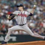 
              Atlanta Braves starting pitcher Max Fried works against the Seattle Mariners during the first inning of a baseball game, Saturday, Sept. 10, 2022, in Seattle. (AP Photo/John Froschauer)
            