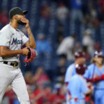 
              Miami Marlins pitcher Sandy Alcantara reacts after giving up a two-run triple to Philadelphia Phillies' Alec Bohm during the fifth inning of a baseball game, Thursday, Sept. 8, 2022, in Philadelphia. (AP Photo/Matt Slocum)
            