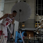 
              Chicago Bulls' Zach LaVine poses for a photograph near the Michael Jordan statue during the Bulls NBA basketball media day Monday, Sept. 26, 2022, in Chicago. (AP Photo/Charles Rex Arbogast)
            