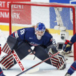 
              Goalkeeper Nicole Hensley of USA in action during The IIHF World Championship Woman's ice hockey gold medal match between USA and Canada in Herning, Denmark, Sunday, Sept. 4, 2022.. (Bo Amstrup/Ritzau Scanpix via AP)
            