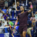
              Rafael Nadal, of Spain, celebrates after defeating Fabio Fognini, of Italy, during the second round of the U.S. Open tennis championships, Friday, Sept. 2, 2022, in New York. (AP Photo/Frank Franklin II)
            