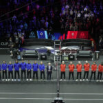 
              Team Europe players and Team World players line up during the opening ceremony of the Laver Cup tennis tournament at the O2 in London, Friday, Sept. 23, 2022. (AP Photo/Kin Cheung)
            