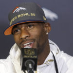 
              FILE - Denver Broncos wide receiver Emmanuel Sanders speaks to reporters ahead of Super Bowl 50, in Santa Clara, Calif., Tuesday, Feb. 2, 2016. Sanders announced his retirement Wednesday, Sept. 7, 2022, after a 12-year NFL career that included six season in Denver, where he helped the Broncos win Super Bowl 50. (AP Photo/Jeff Chiu, File)
            