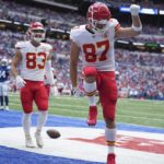 
              Kansas City Chiefs tight end Travis Kelce (87) celebrates a touchdown reception during the first half of an NFL football game against the Indianapolis Colts, Sunday, Sept. 25, 2022, in Indianapolis. (AP Photo/AJ Mast)
            