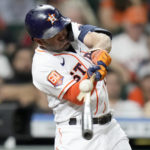 
              Houston Astros' Jose Altuve fouls out to end the fourth inning of the team's baseball game against the Texas Rangers, Tuesday, Sept. 6, 2022, in Houston. (AP Photo/Eric Christian Smith)
            