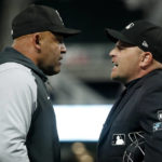 
              Chicago White Sox interim manager Miguel Cairo argues with home plate umpire Jansen Visconti, right, in the sixth inning of a baseball game with the Minnesota Twins on Tuesday, Sept. 27, 2022, in Minneapolis. (AP Photo/Bruce Kluckhohn)
            