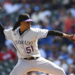 
              Colorado Rockies starter Jose Urena delivers a pitch during the first inning of a baseball game against the Chicago Cubs, Saturday, Sept. 17, 2022, in Chicago. (AP Photo/Paul Beaty)
            