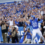 
              Kentucky tight end Brenden Bates (80) celebrates after scoring a touchdown during the first half of an NCAA college football game against Miami (Ohio) in Lexington, Ky., Saturday, Sept. 3, 2022. (AP Photo/Michael Clubb)
            