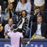 
              Frances Tiafoe, of the United States, gestures to the crowd after scoring a point against Carlos Alcaraz, of Spain, during the semifinals of the U.S. Open tennis championships, Friday, Sept. 9, 2022, in New York. (AP Photo/Mary Altaffer)
            
