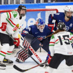 
              Goalkeeper Nicole Hensley and Lee Stecklein of USA, right, in action with Mira Seregely, left, and Reka Dabasi of Hungary during The IIHF World Championship Woman's ice hockey match between USA and Hungary in Herning, Denmark, Thursday, Sept. 1, 2022. (Bo Amstrup/Ritzau Scanpix via AP)
            