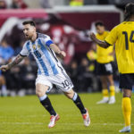 
              Argentina's player Lionel Messi celebrates his goal during the second half of an international friendly soccer match against Jamaica on Tuesday, Sept. 27, 2022, in Harrison, N.J. (AP Photo/Eduardo Munoz Alvarez)
            