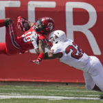 
              Southern Utah linebacker Aubrey Nellems defends against Utah wide receiver Money Parks (10) during the first half of an NCAA college football game, Saturday, Sept. 10, 2022, in Salt Lake City. (AP Photo/Rick Bowmer)
            