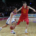
              United States' Kelsey Plum runs past China's Han Xu during their game at the women's Basketball World Cup in Sydney, Australia, Saturday, Sept. 24, 2022. (AP Photo/Mark Baker)
            