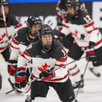 
              The players of Canada celebrate after Brianne Jenner, front, scores a goal during after The IIHF World Championship Woman's ice hockey gold medal match between USA and Canada in Herning, Denmark, Sunday, Sept. 4, 2022. (Bo Amstrup/Ritzau Scanpix via AP)
            