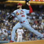 
              St. Louis Cardinals starting pitcher Jordan Montgomery throws to the plate during the second inning of a baseball game against the Los Angeles Dodgers, Saturday, Sept. 24, 2022, in Los Angeles. (AP Photo/Raul Romero Jr.)
            