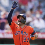 
              Houston Astros' Jose Altuve celebrates after his two-run home run during the seventh inning of a baseball game against the Los Angeles Angels, Sunday, Sept. 4, 2022, in Anaheim, Calif. (AP Photo/Jae C. Hong)
            