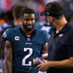 
              Philadelphia Eagles cornerback Darius Slay (2) reacts on the sideline after intercepting a pass during the second half of an NFL football game against the Minnesota Vikings, Monday, Sept. 19, 2022, in Philadelphia. (AP Photo/Chris Szagola)
            