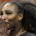 
              Serena Williams, of the United States, reacts after losing to Ajla Tomljanovic, of Austrailia, in the third round of the U.S. Open tennis championships, Friday, Sept. 2, 2022, in New York. (AP Photo/John Minchillo)
            