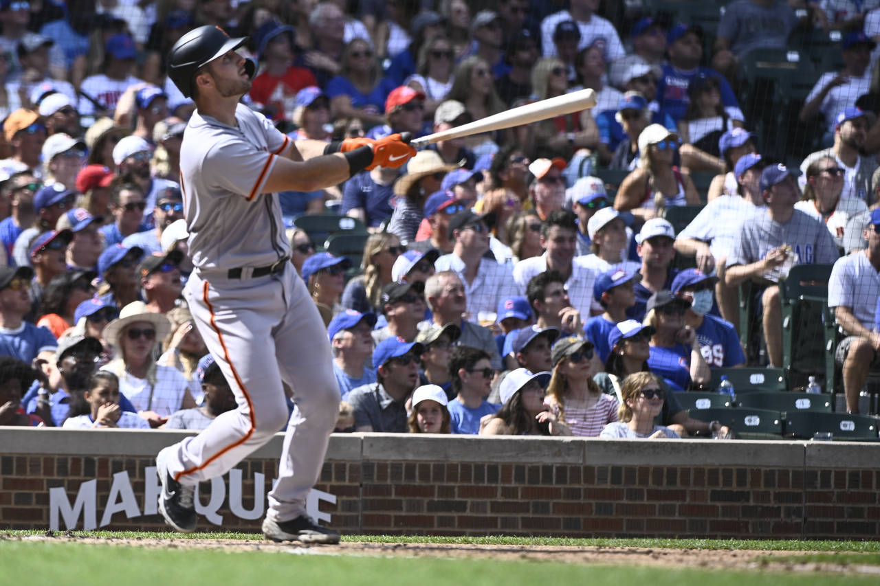San Francisco Giants Joey Bart hits a two run home run against the Chicago Cubs during the second i...