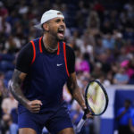 
              Nick Kyrgios, of Australia, reacts after defeating J.J. Wolf, of the United States, during the third round of the U.S. Open tennis championships, Friday, Sept. 2, 2022, in New York. (AP Photo/Frank Franklin II)
            