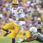 
              LSU quarterback Jayden Daniels runs for a touchdown against Southern University during an NCAA college football game Saturday, Sept. 10, 2022, in Baton Rouge, La. (Scott Clause/The Daily Advertiser via AP)
            