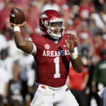 
              Arkansas quarterback KJ Jefferson (1) throws a pass against Cincinnati during the second half of an NCAA college football game Saturday, Sept. 3, 2022, in Fayetteville, Ark. (AP Photo/Michael Woods)
            